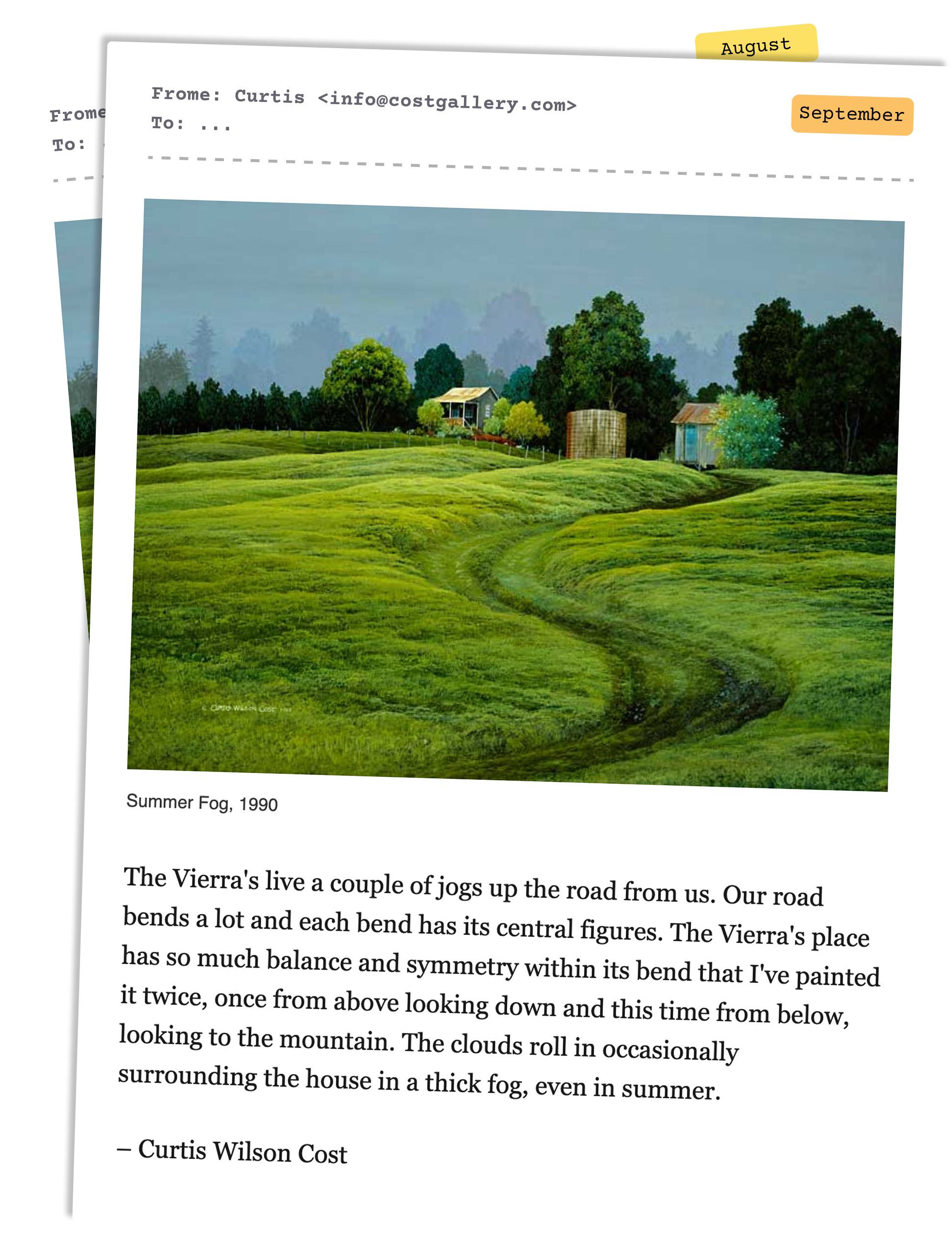 Two of the monthly letters, each with a painting and an essay