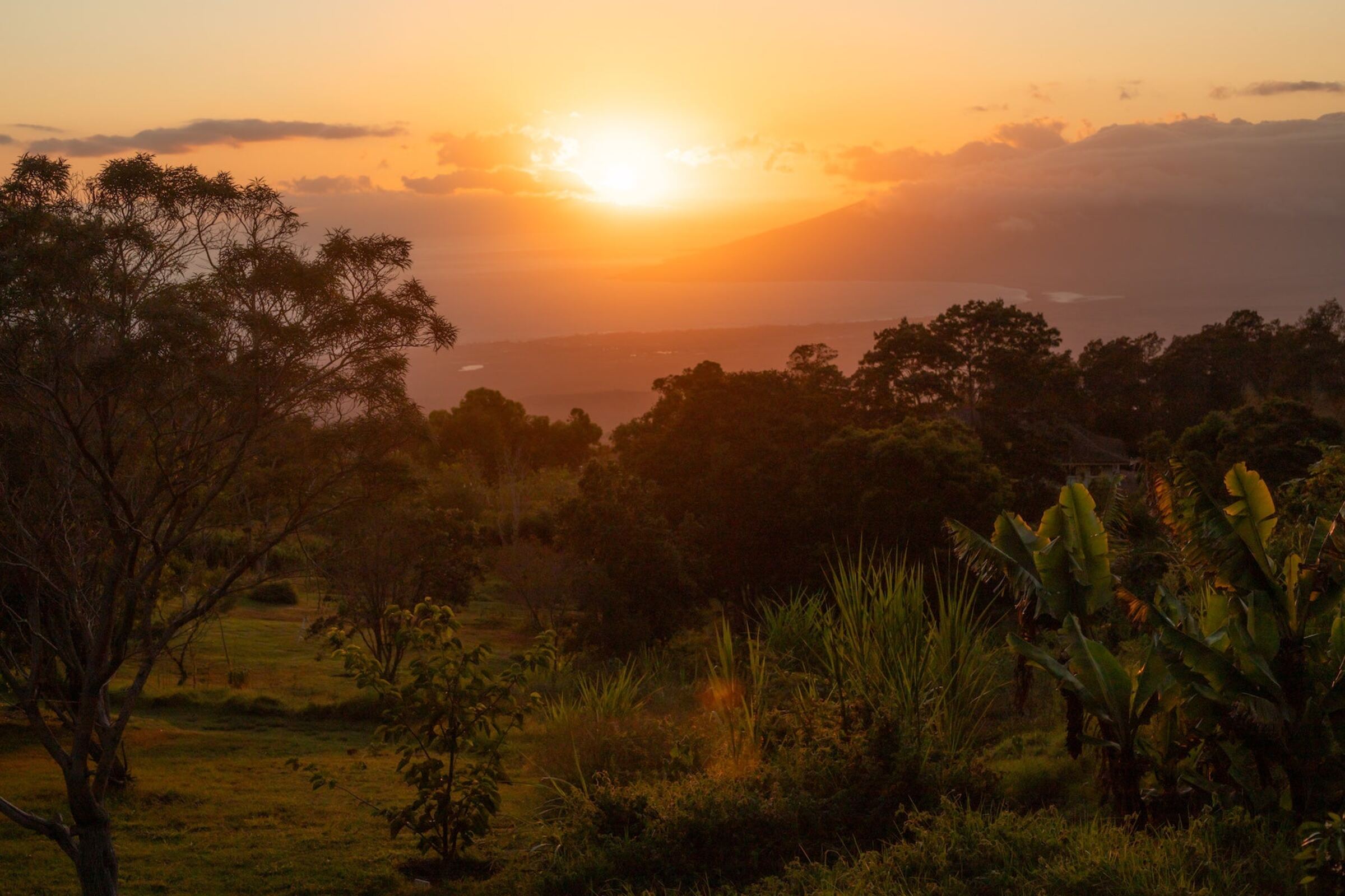 Sunset over the West Maui Mountains from the gallery grounds