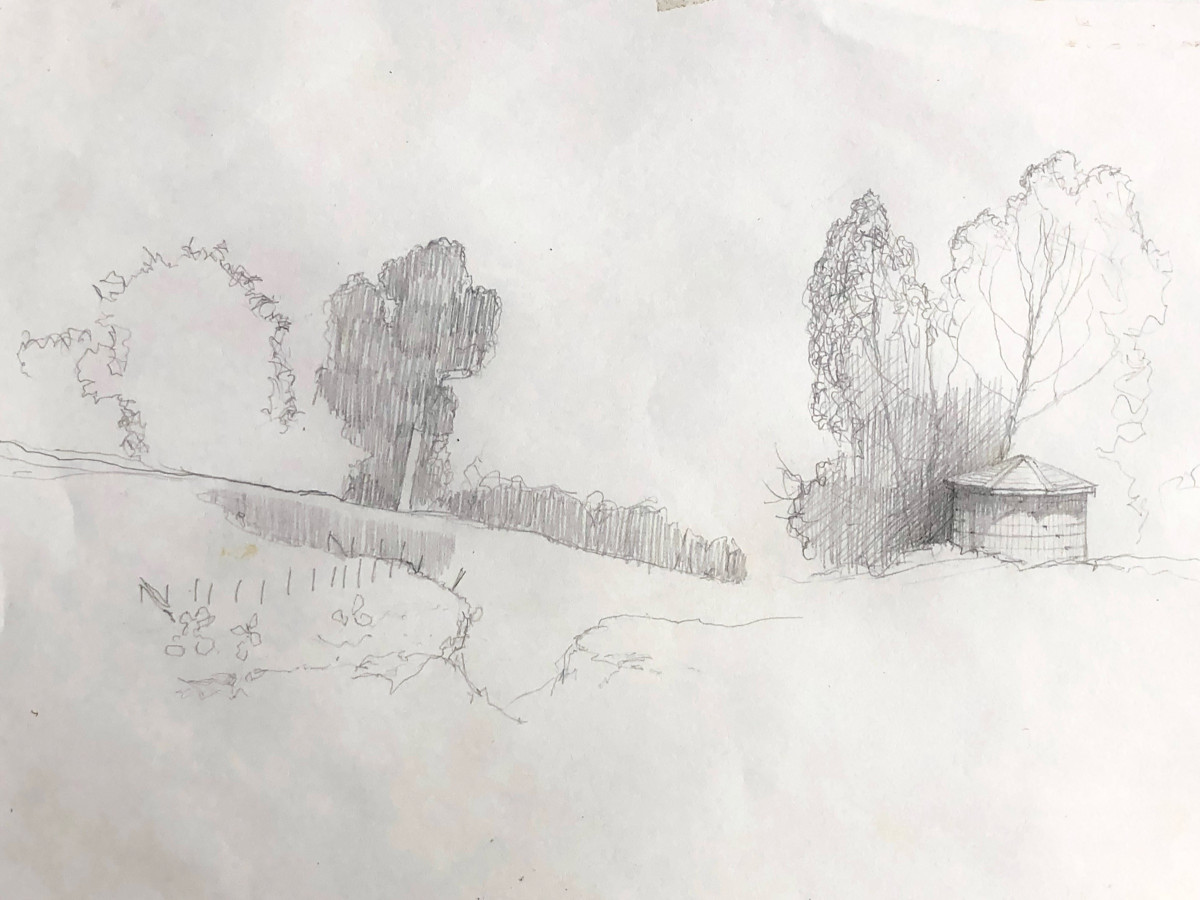 Pencil sketch of the hillside, with trees on the ridge and the water tank on the right