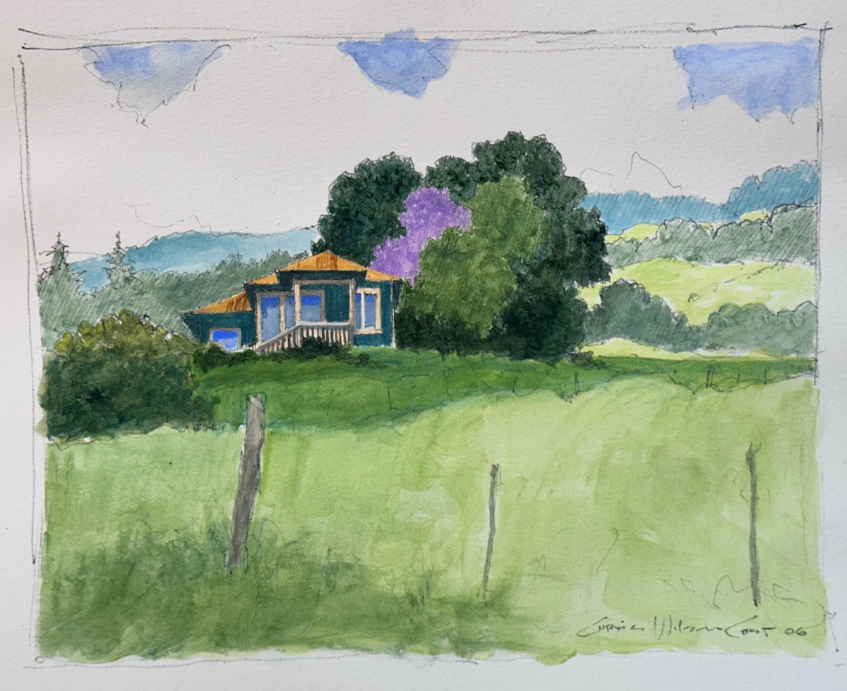 Watercolor sketch of the house on the rise behind a fenced pasture, with a jacaranda in bloom beside it