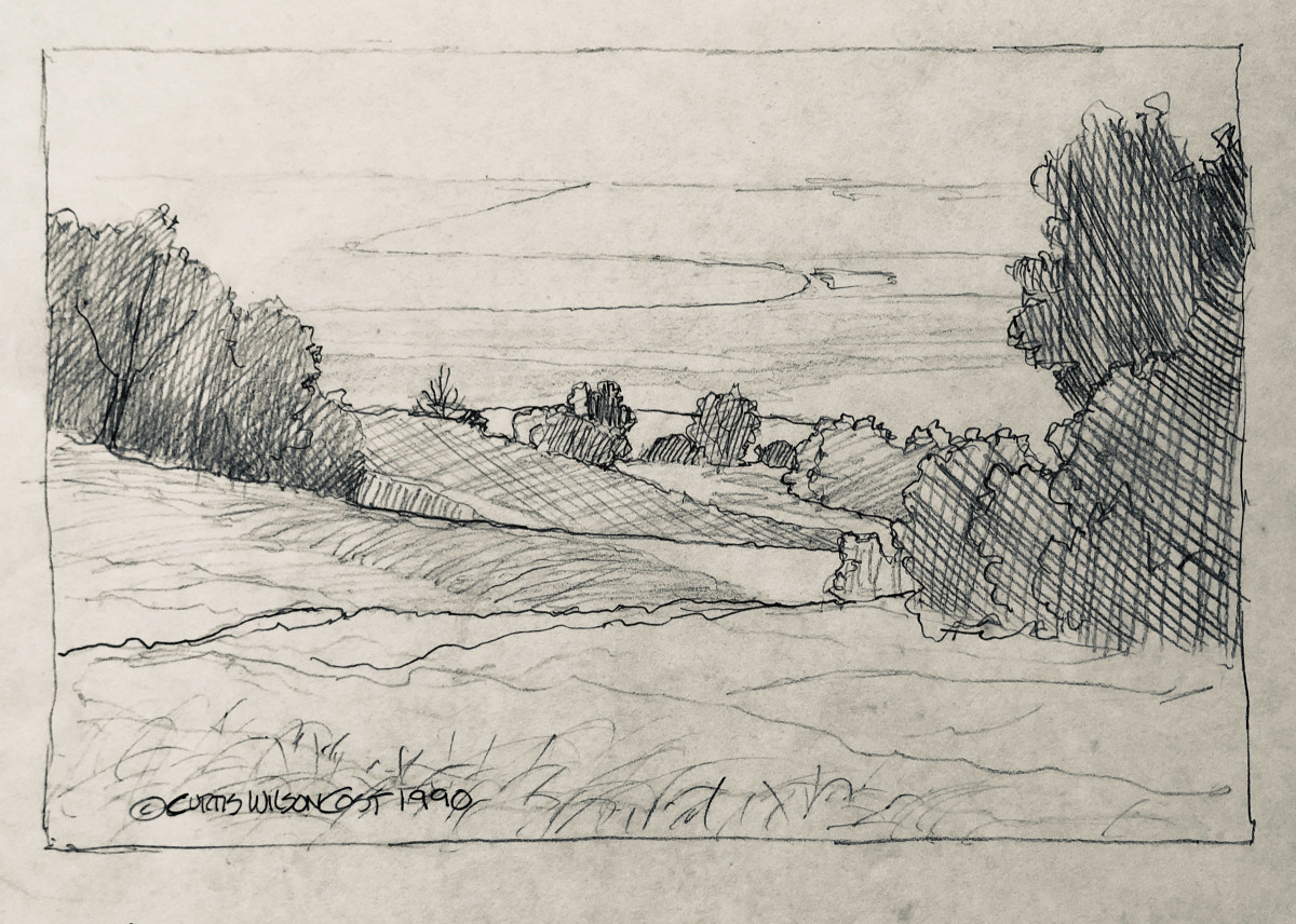 Pencil sketch of pasture falling away between two stands of trees, toward the sea