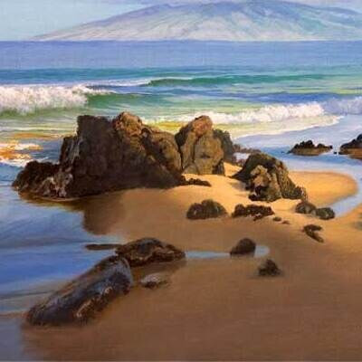 Lava rocks on a golden beach with surf behind, from Beach Velvet