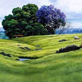 Rolling green pasture with sheep grazing, from Springtime Grazing