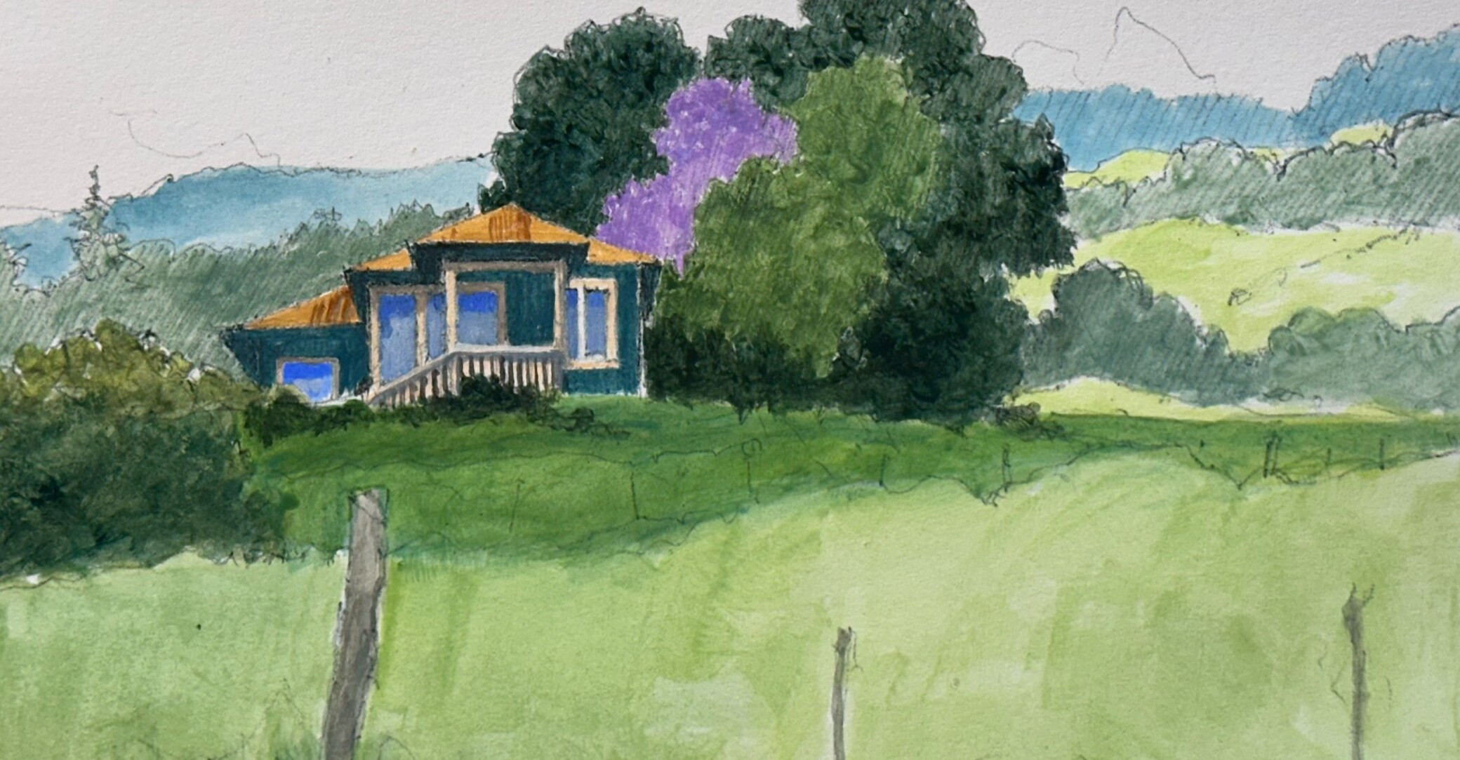 Watercolor study for Heart&rsquo;s Desire: the house on the rise behind a fenced pasture, a jacaranda in bloom beside it