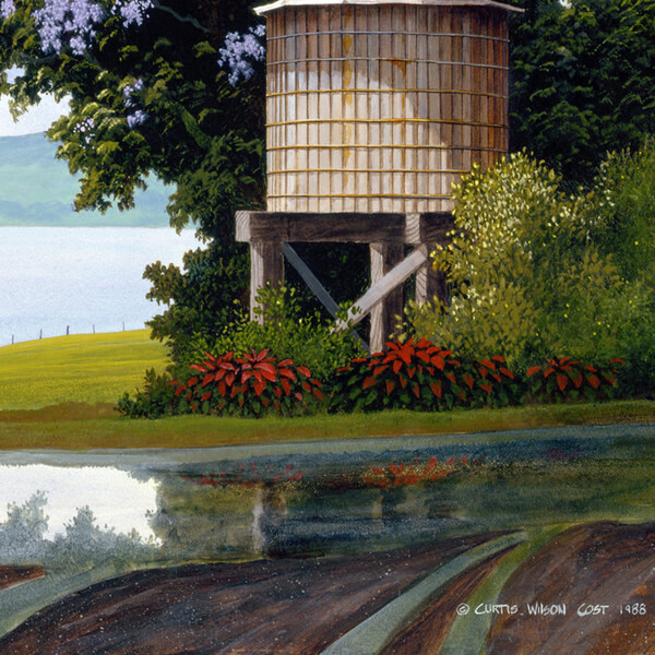 A water tank under a jacaranda, reflected in a puddle, from Morning Rain